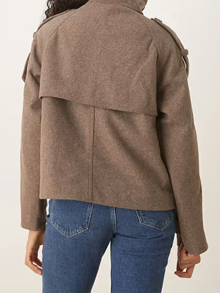 

2025 Autumn Winter Lady Outerwears Elegant Stand Collar Women's Short Woolen Coat Double Breasted Long Sleeve Pocket Jacket