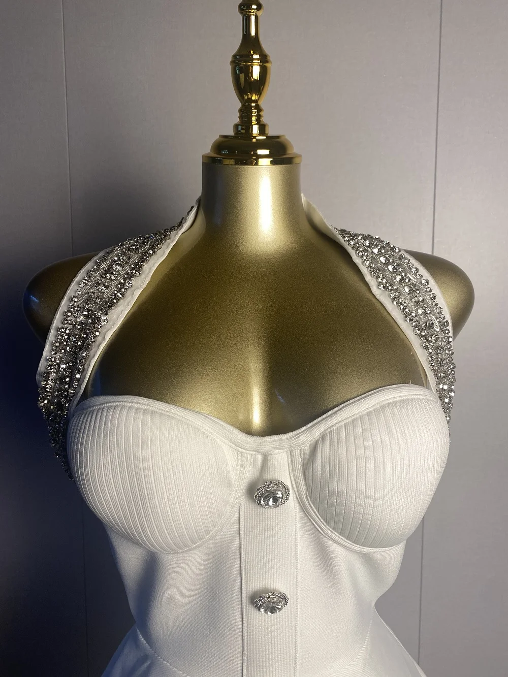 

Women Sexy Halter Backless Beading Button White Midi Bodycon Dress 2025 Elegant Evening Club Luxury Birthday Party Dresses