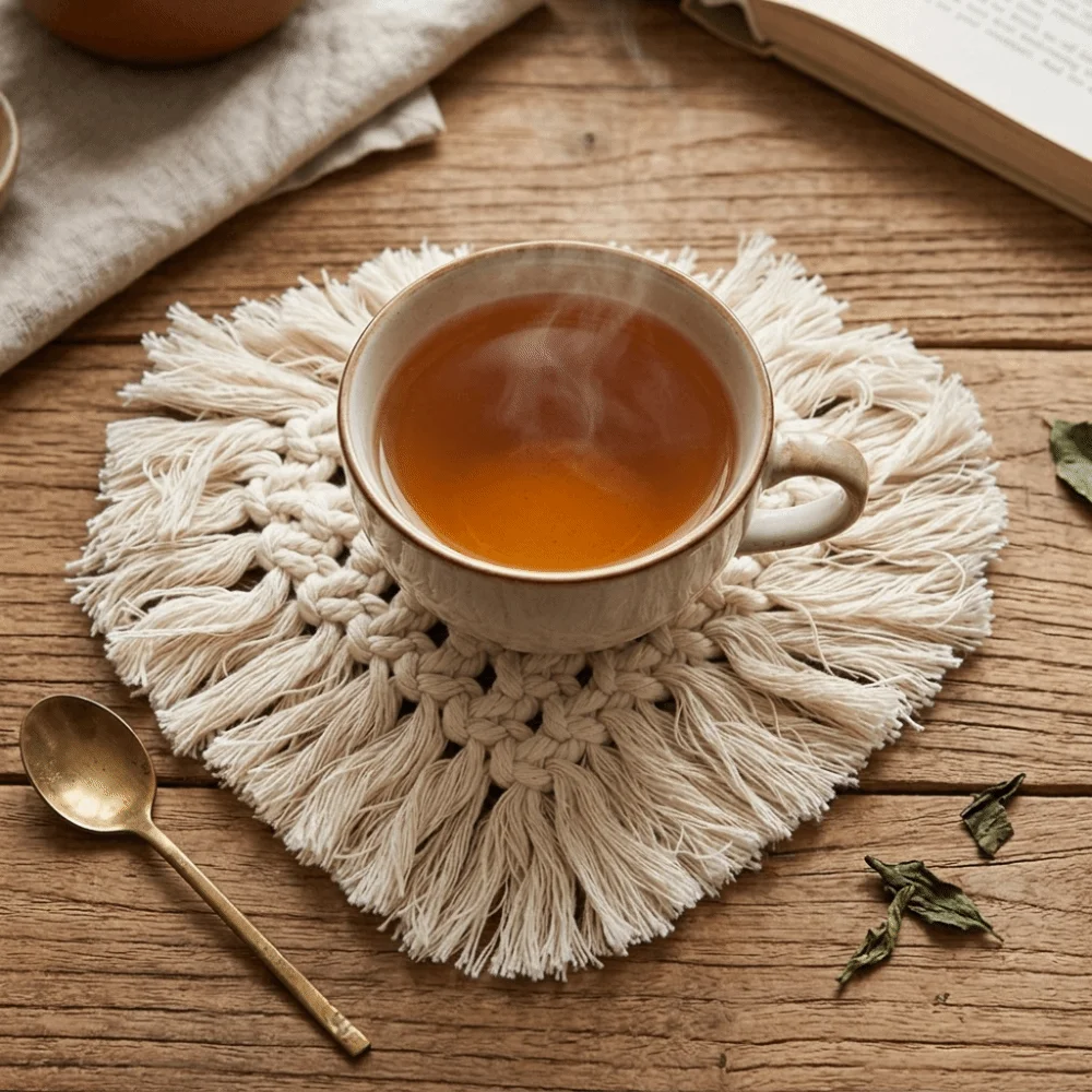 4Pcs Cotton Thread Cotton Cup Coaster Light Weight Heart Shape Table Placemat Flexible Practical Rope Woven Coaster
