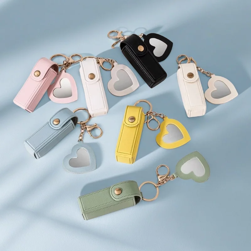 

New Portable Lipstick Bag Packet Mini Leather Heart Mirror Custom Logo Name Key Chain Ring Small Versatile Keyring Gift