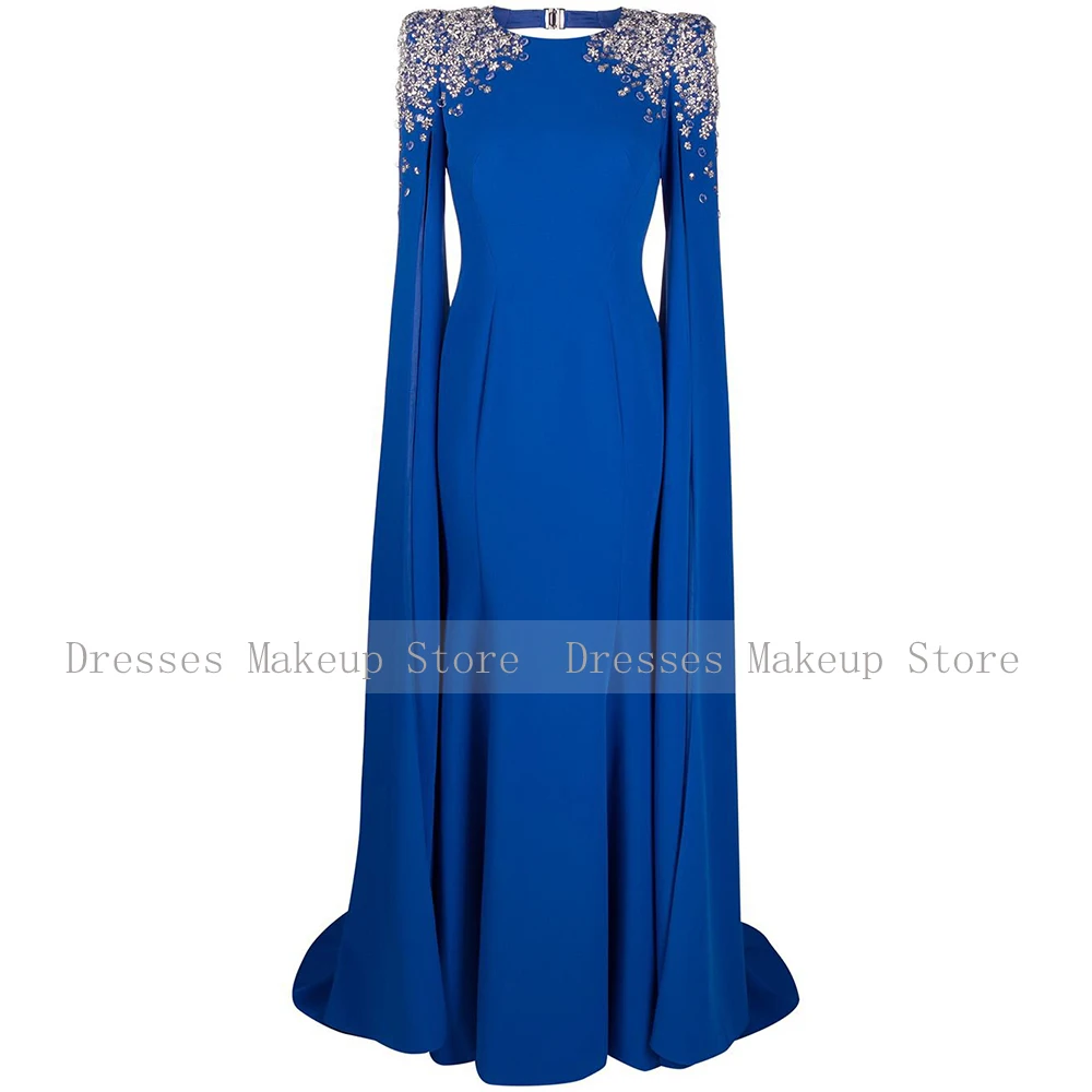 Luxury Formal Evening Dress for Women 2024 Crystals Mermaid Mother of the Bride Dress Dark Royal Blue O Neck Wedding Guest Gowns