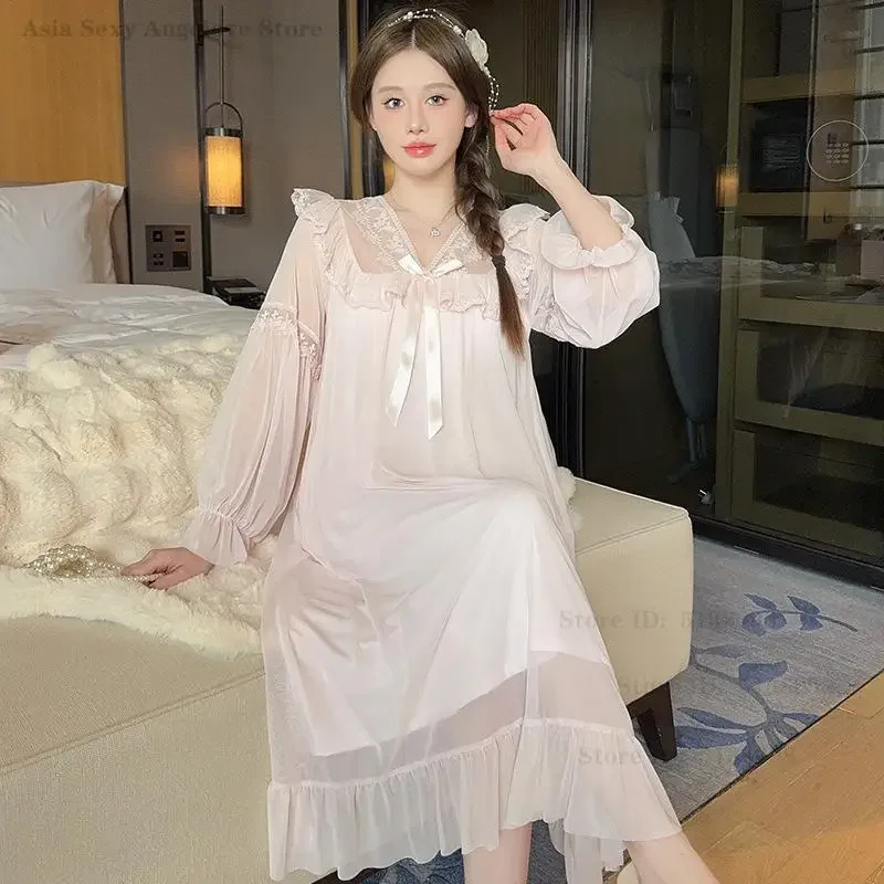 Long Sleeved Mesh Princess Nightdress Spring Summer V-Neck Lace Nightgown Loose Casual Home Dress Palace Style Sweet Sleepwear 4