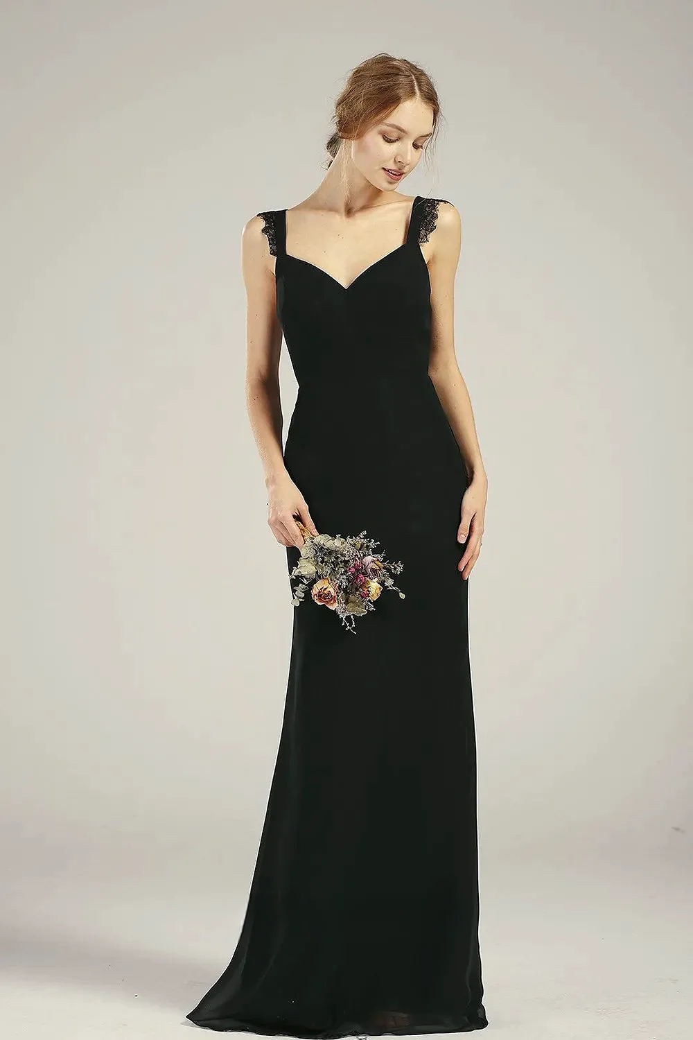 

Elegant Black Chiffon Bridesmaid Dress V Neck Backless Zipper Lace Shoulder Straps Formal Wedding Banquet Evening Gown