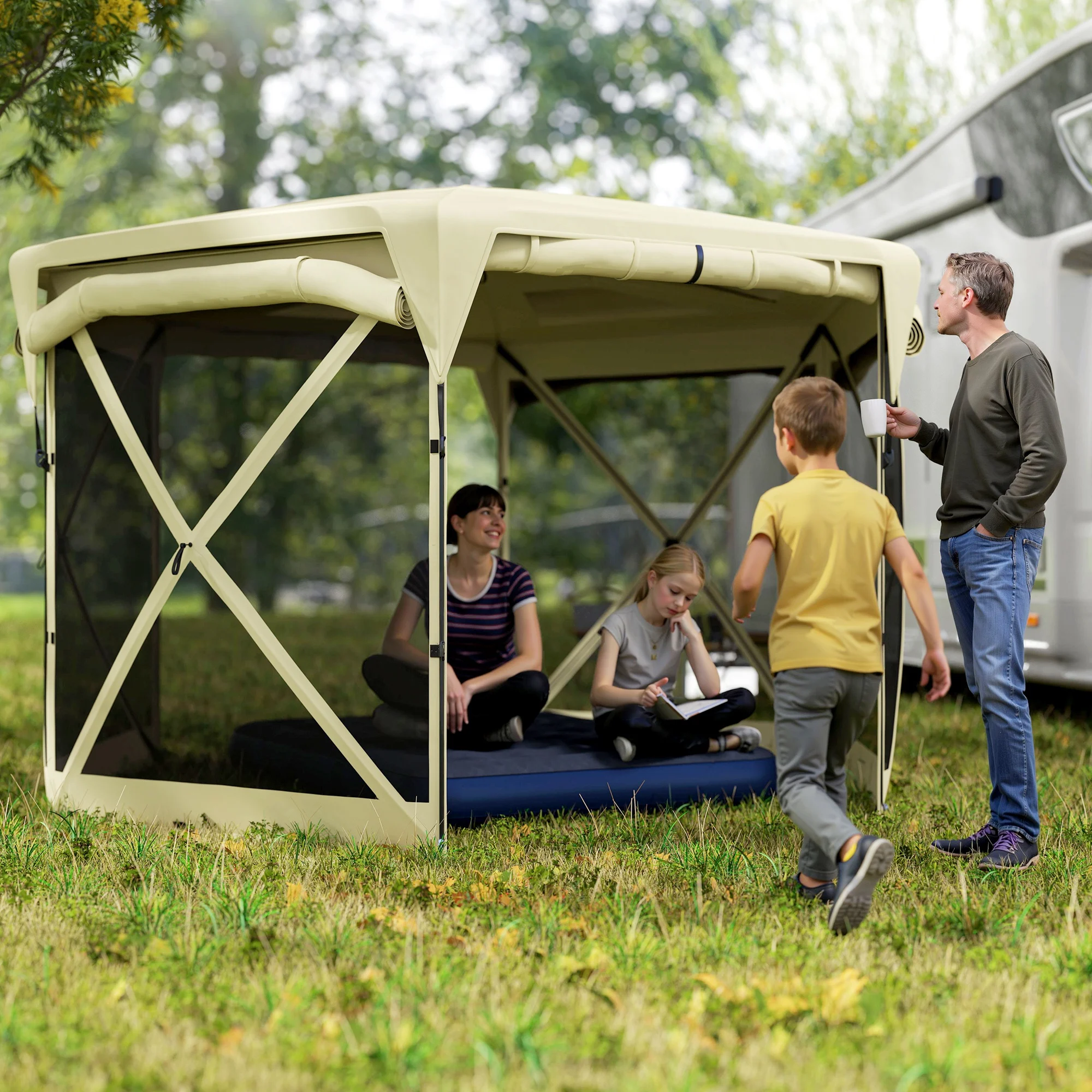 11 X 11ft Pop up Gazebo Screen Tent with Removable Roof Cover, 4 Roll-Up Wind Panels for Camping, Patio, Backyard, Lawn, Beige