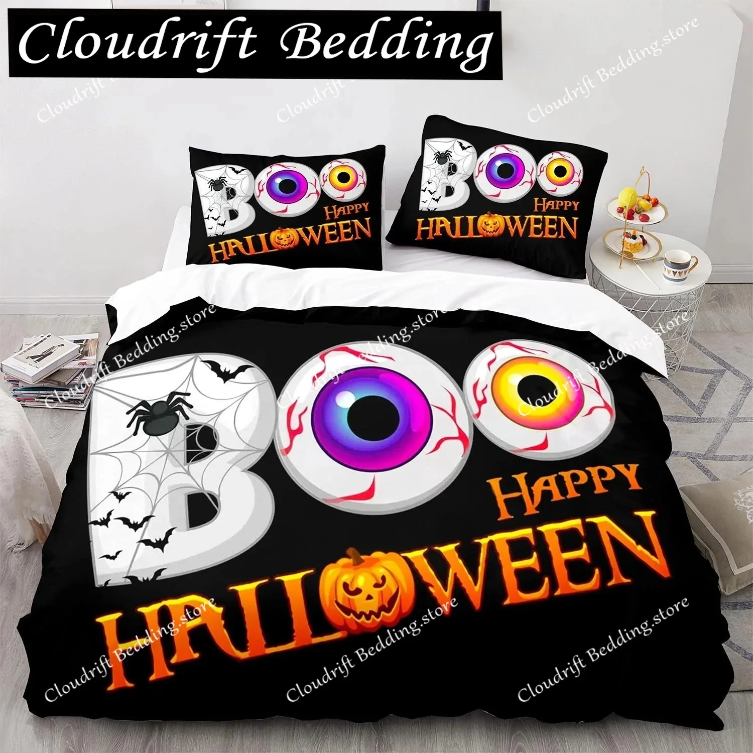 

Halloween Boo King Queen Duvet Cover Cartoon Eyes Bedding Set for Kids Teens Adults Little Monster Ghost Polyester Quilt Cover