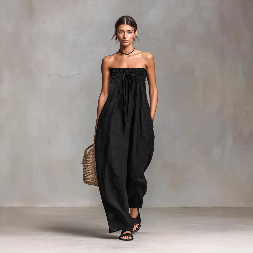 

Strapless Tube Top Jumpsuit Women's Summer New Cotton Linen Blended Loose Lace Up Jumpsuit With Pockets Комбинезон Женский