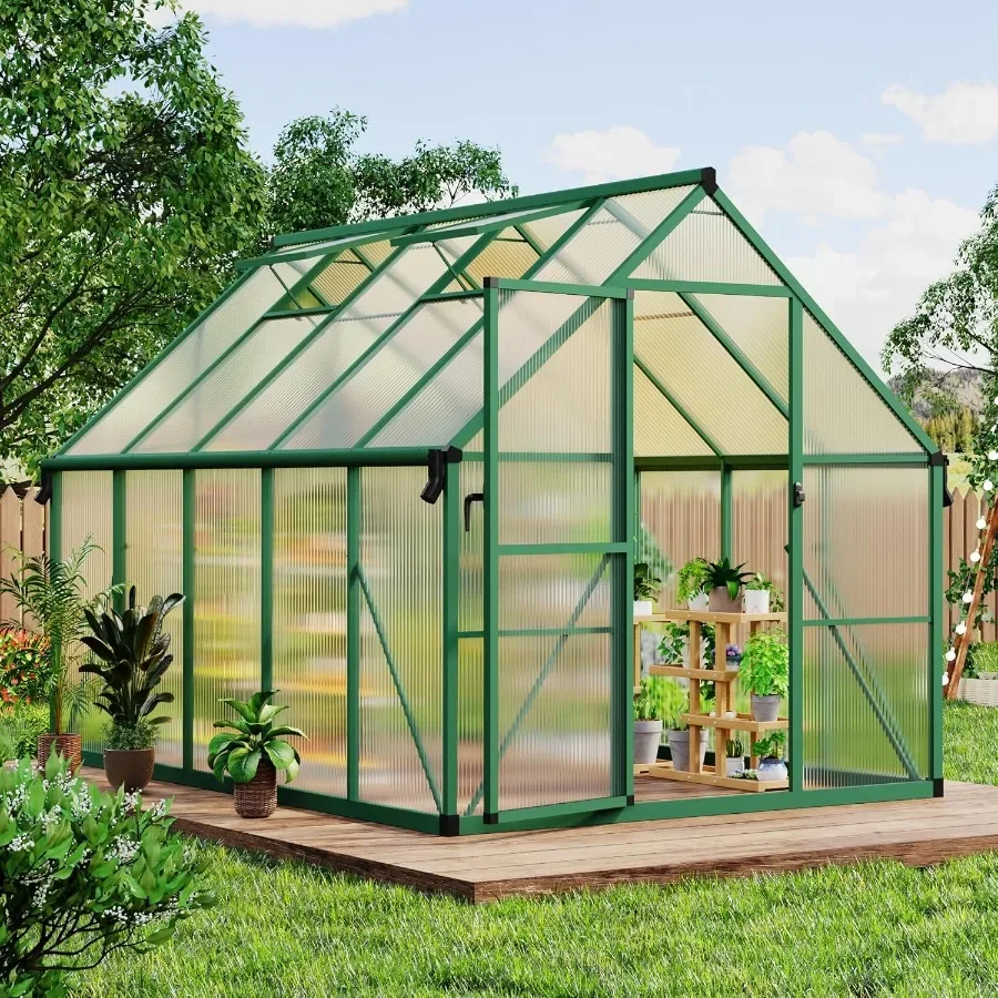 

8x10 FT Outdoor Greenhouse Polycarbonate Greenhouse with Roof Vent and Ground Nails Aluminum Large Walk-in Green House w/Lockab