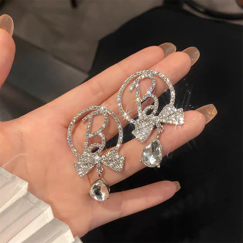 Super Sparkling Bow Drop Letter B Zircon Earrings for Women Temperament Light Luxury Design Earring Party Jewellery Gift