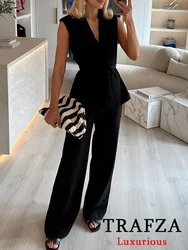 TRAFZA Office Lady Solid Black Women Suits cintura con scollo a V Blazer senza maniche + pantaloni a gamba larga a vita alta moda 2024 Set da donna elegante