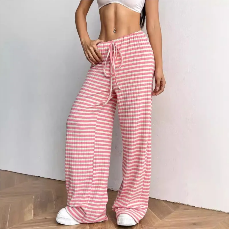 2025 Drawstring Pants Straight Pants Woman Clothes Women's Clothing Simple Style Casual Homewear Slim Contrast Striped All-match