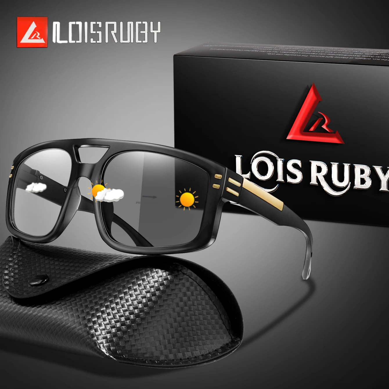 Lässige photochrome Sonnenbrille mit Etui für Damen und Herren, Outdoor-Sport, Radfahren, Angeln, Fahren, Golf, Strand, quadratische Schutzbrille