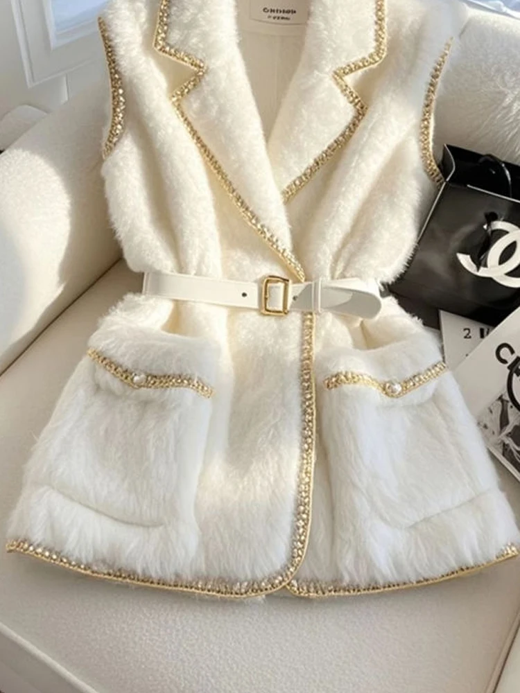 Winter High Quality Thicken Fur Hair Blazers Vest Jacket Luxury Golden Silk Edge Women Elegant White Sleeveless Coat Formal Lady