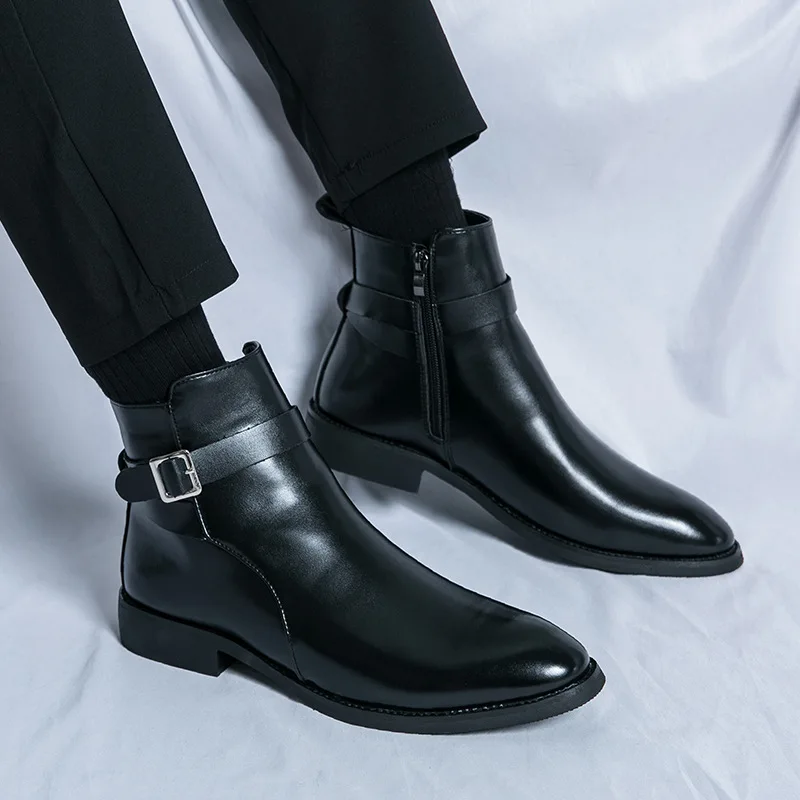 Fashion Man Classic Business Soft Leather Chelsea Boots Fashion Pointed Ankle Boots Men Casual British Style Short High-Top Shoe