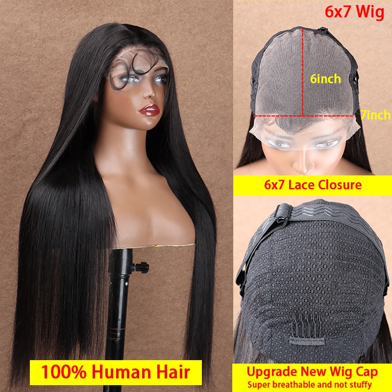 

Bone Straight 6x7 Transparent Lace Closure Wigs Unprocessed Raw 100% Human Hair Wig Preplucked Lace For Women Breathable Wig Cap