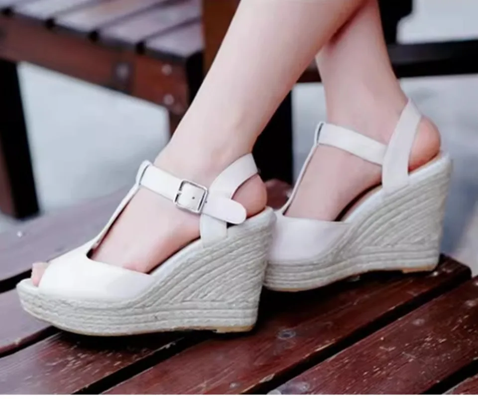 30-43 Summer Women Open Toe Shoes Princess T Strap Buckle Wedge High Heel Sandals Size 30 31 32 33 To 41 42 43