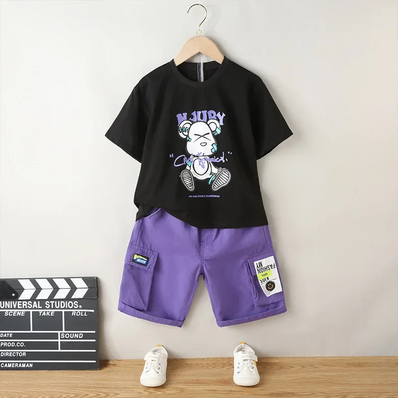 

Summer Children Boy Clothes Set Kid Girl Letter Cartoon Bear Tshirts and Shorts Suiy Teenage Short Sleeve Top Bottom Ins Outfits