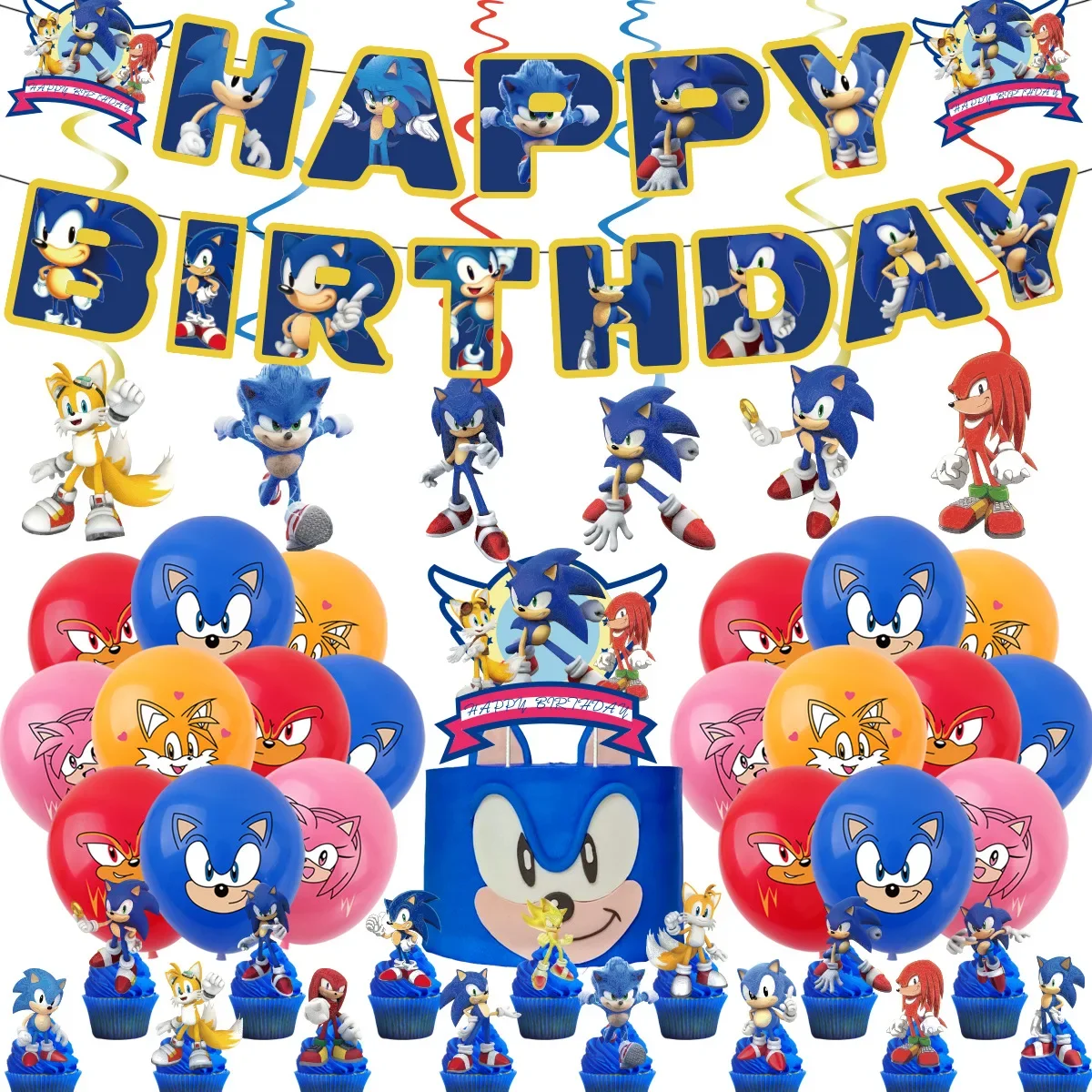 

Game Sonic Kid family Birthday Party Supply Disposable Banner Cake Topper Hanging Flag Balloons Sonic Set Birthday Decorations