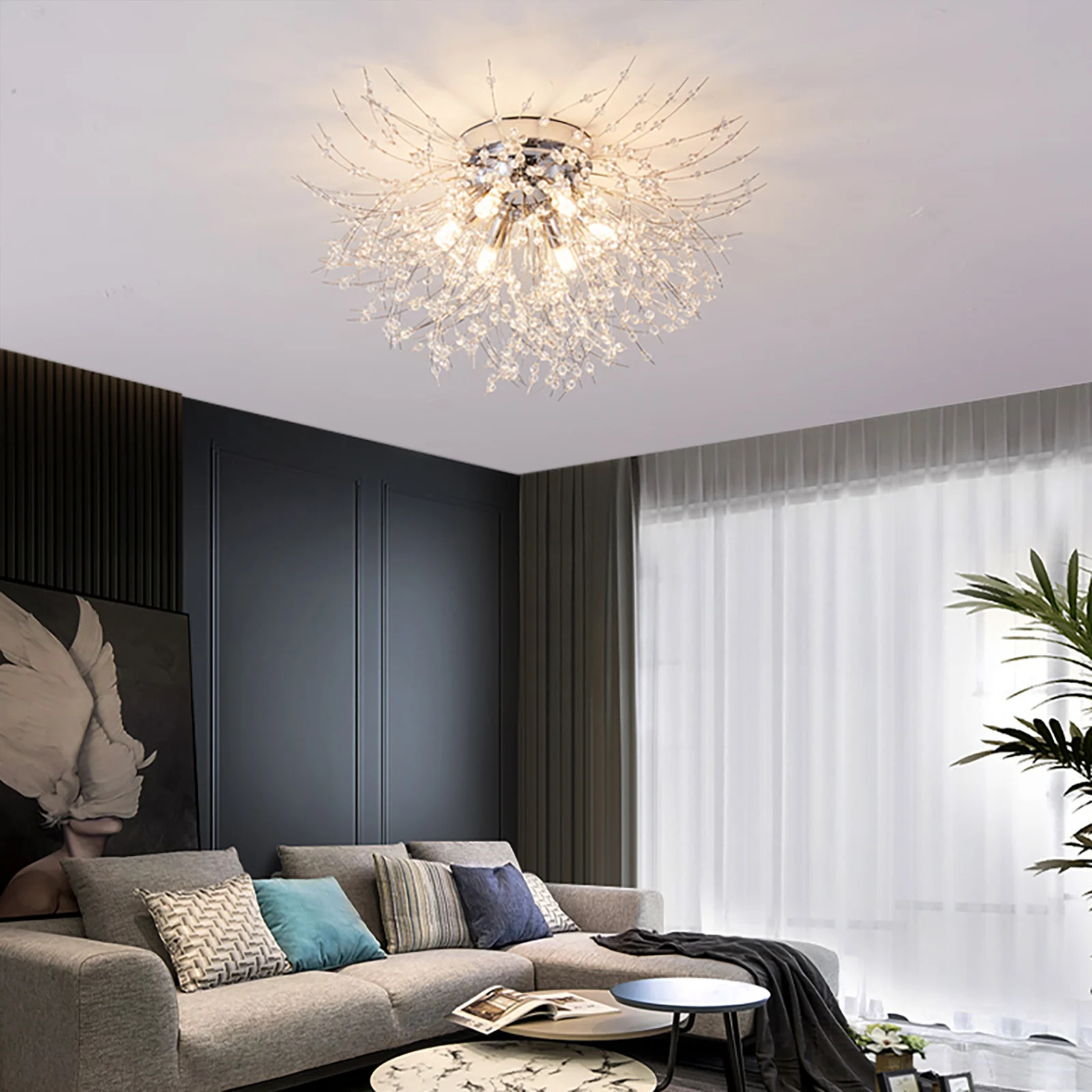 Gold/Silver Modern Crystal LED Ceiling Light 6 Lights Stainless Steel Firework Chandelier for Bedroom