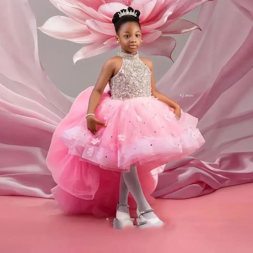 

Pink High Low Flower Girl Dresses Customized Detachable Train Litter Queen Ball Gowns Crystal Girls Birthday Dress For Wedding