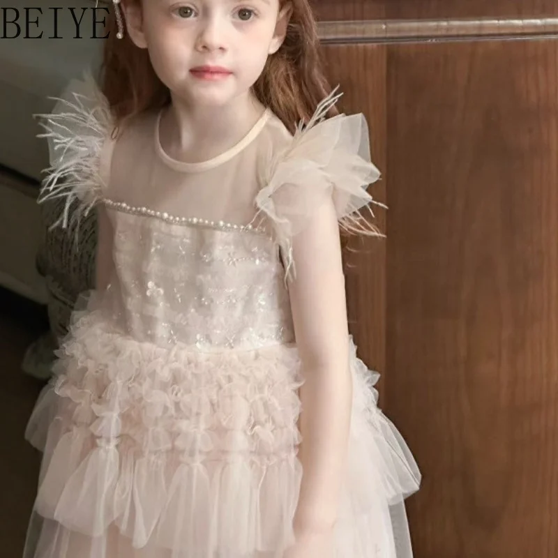 Round Neck Sleeveless A-line Toddler Girls Dress Feather Shoulder Rhinestone Tulle Dress Children Baptism Birthday Photo Outfit