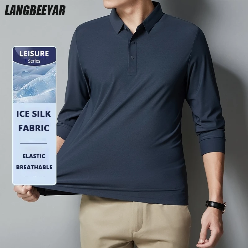 

Top Quality Ice Silk Fabric Men Polo Shirt Designer Fashion New Brand Business Casual Solid Color Tops Long Sleeve Tops​
