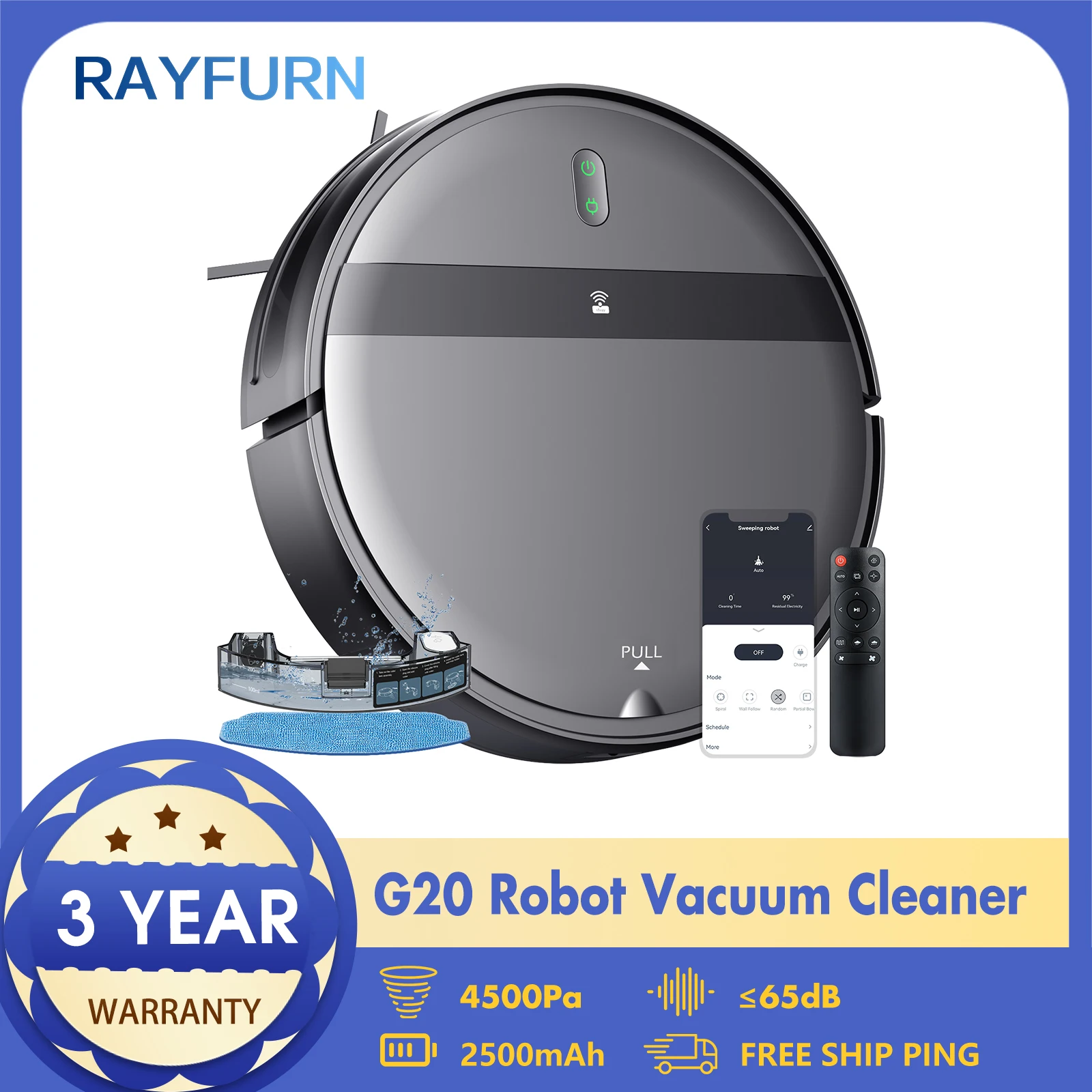 Aspirapolvere robot RAYFURN G20, aspirazione 6000 Pa, APP/telecomando, ricarica automatica, controllo APP Smart Home Floor Carpet Clean