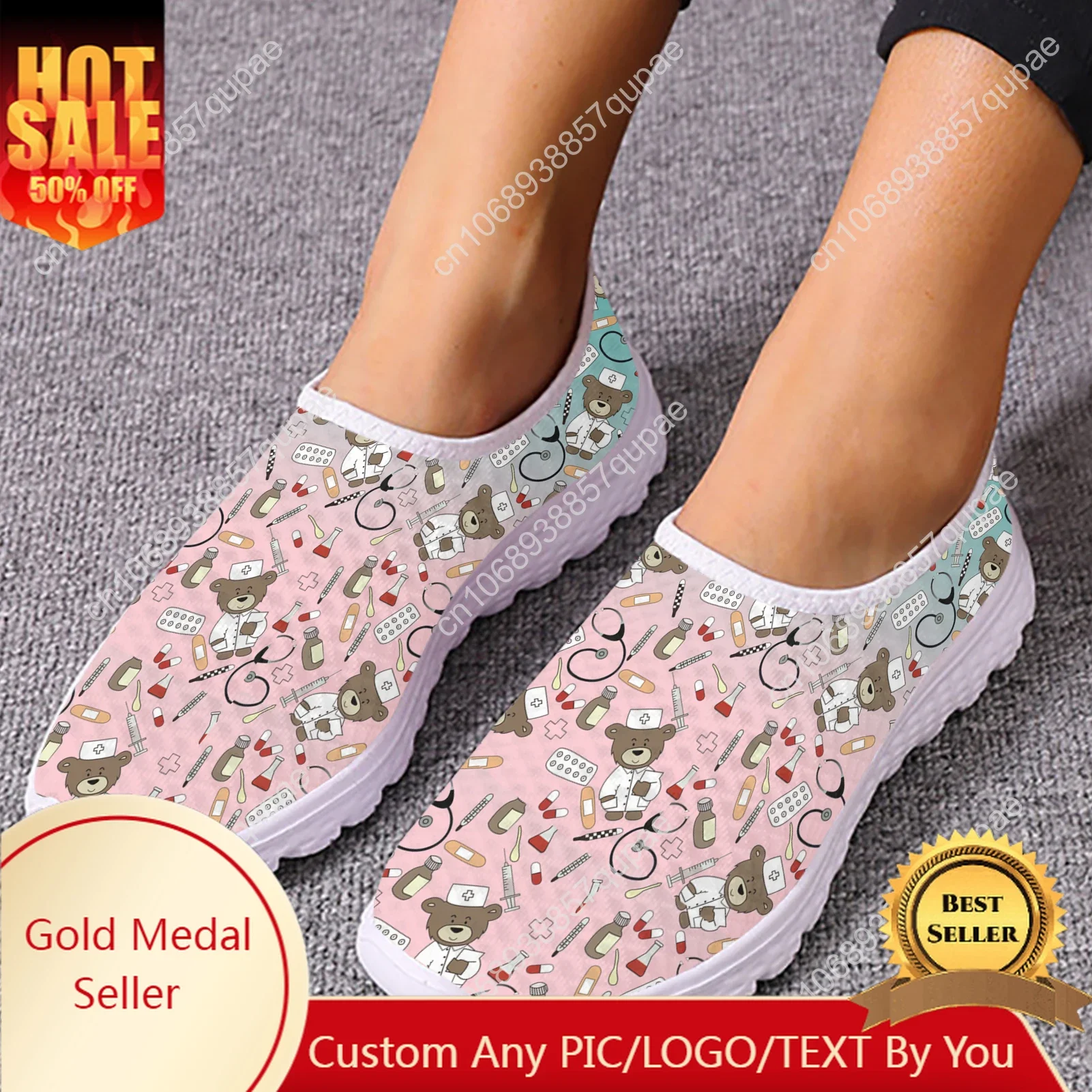 

Cartoon Gradient Nurses Bear Mesh High Quality Sneakers Women Men Teenager Casual Fashion Custom Made Tennis Flat Couple Shoes