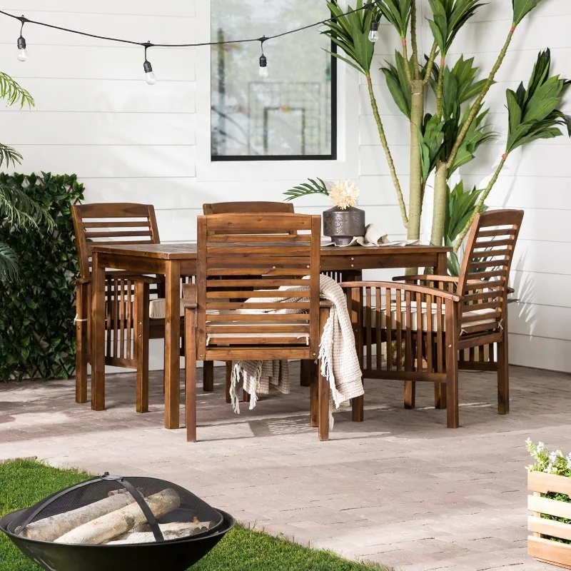 Rendezvous Modern 5 Piece Solid Acacia Wood Outdoor Dining Set, Set of 5, Dark Brown