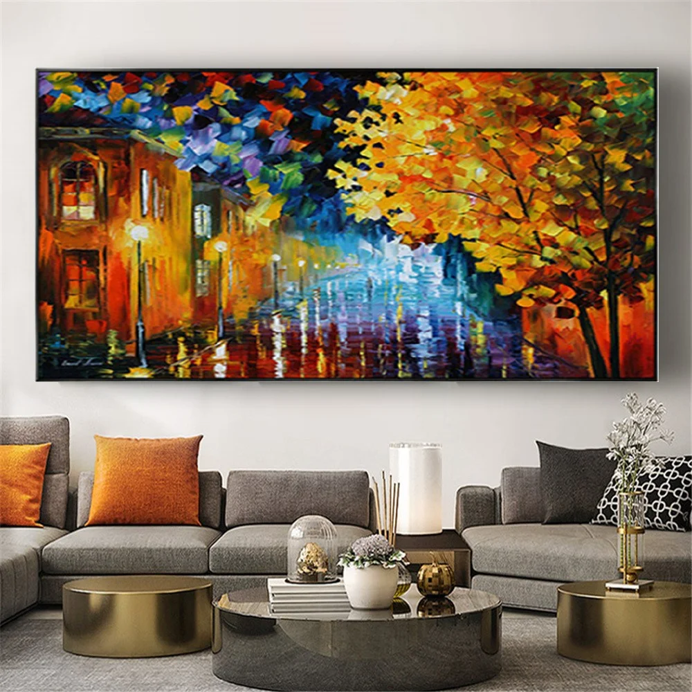 100% Handmade Knife Oil Painting Street Forest Thick Texture Colorful Scenery Art For Home Office Wall Decor Poster Exhibits