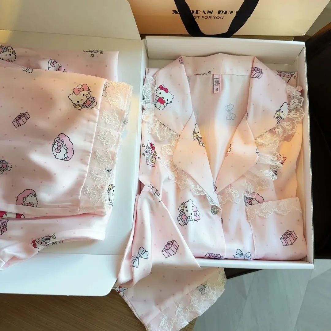 

Hello Kitty Women's cartoon Pink Satin Pajama Set, Lace Trim Top & pants, All-Over Print Loungewear Soft Silky Summer Sleepwear