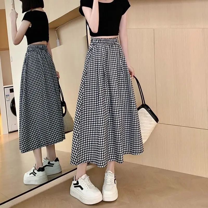 Summer New Black White Checkered Women A-line Skirt Lightweight High Waisted Petite Slimming Casual Female Long Skirts