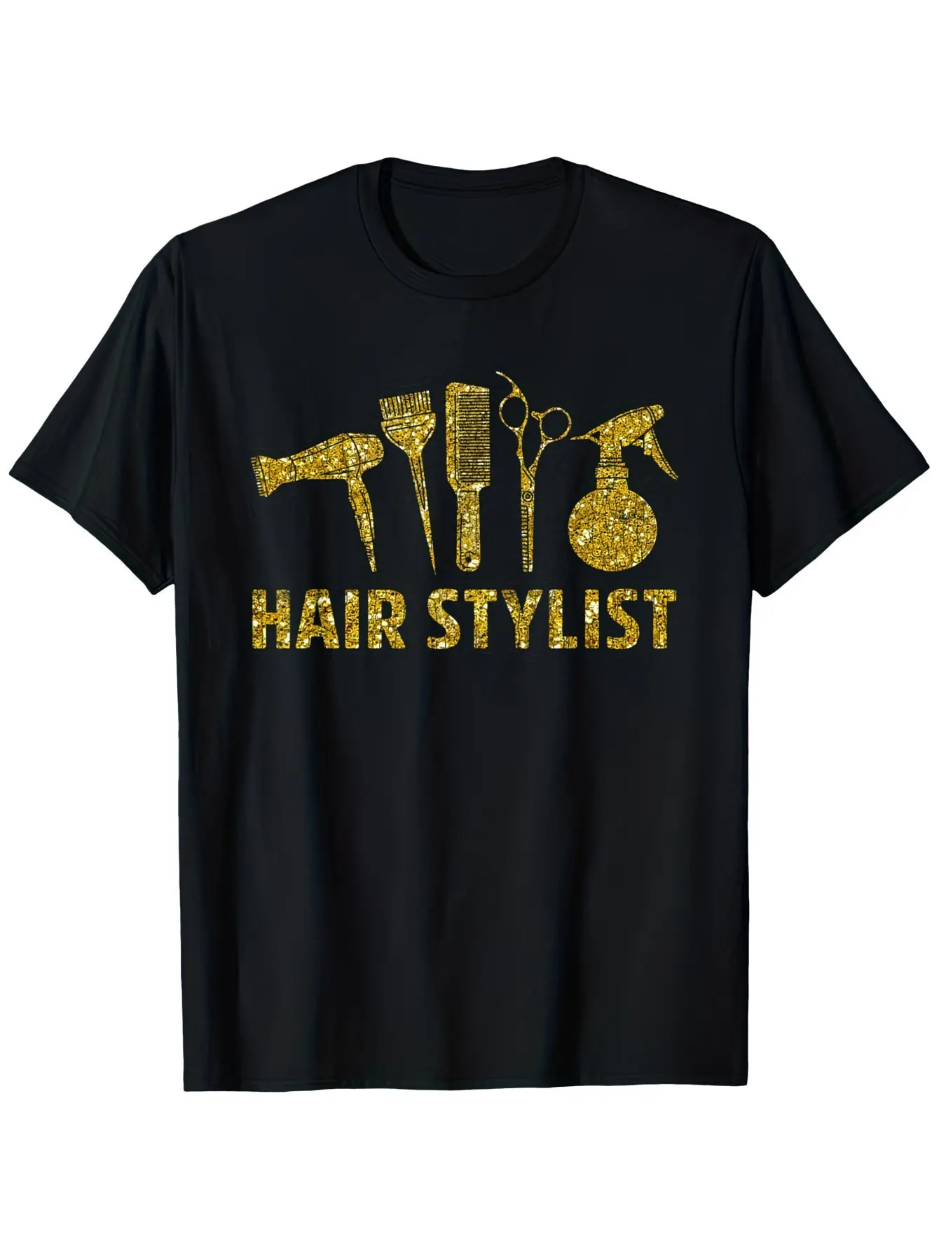 Men'S Funny Hair Stylist Graphic T-Shirt with Glittering Golden Hairdressing Tools (Scissors, Comb, Hair Dryer, Hair Straightener) Black  Golden Salon Apparel for Hairstylists, Barber Shop Outfits, Casual Round Neck Tee,