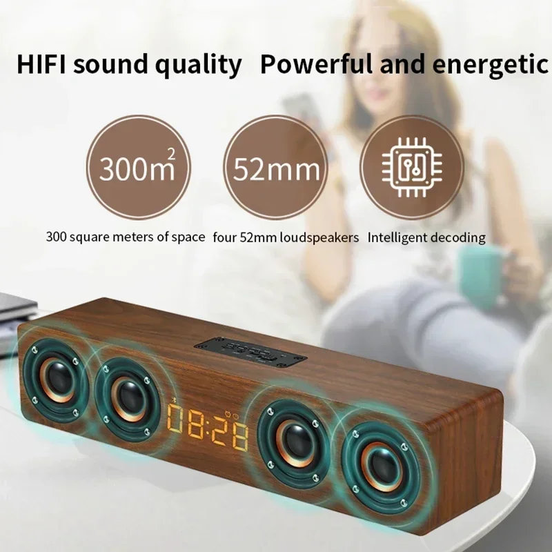 Barra de sonido de madera inalámbrica con Bluetooth, altavoz portátil Retro, Subwoofer para TV, ordenador con Radio FM, tarjeta TF, USB