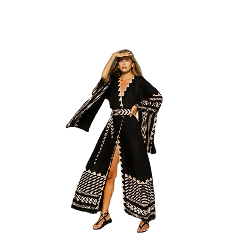 Beach Kimono Women Summer Super Wide Sleeve Self Belted Wrap Dresses Geometric Printed Fashion Bathing Suits Pareo V2970