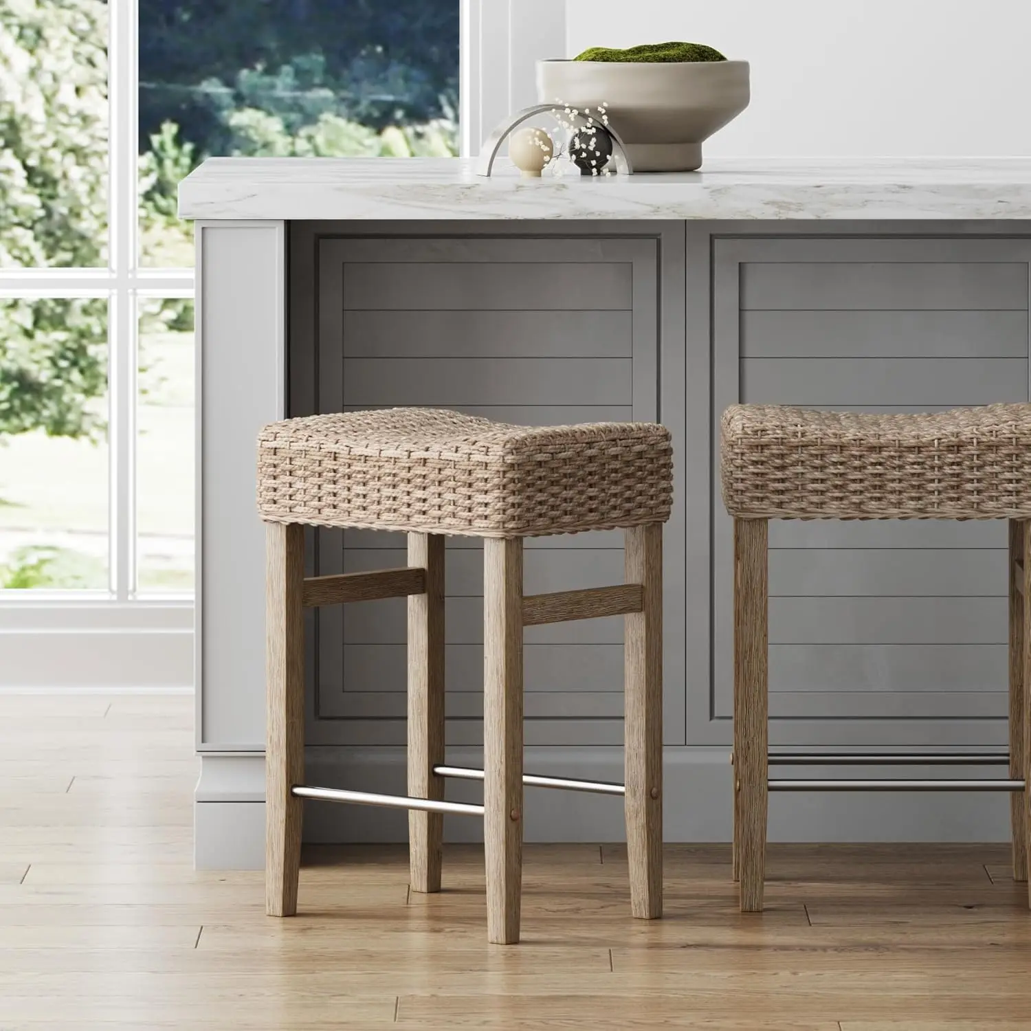 Harvey Rattan Bar Stool, Bohemian Counter Height Stool with Woven Seagrass Seat, Solid Wood Legs, and Metal Footrest Seagrass