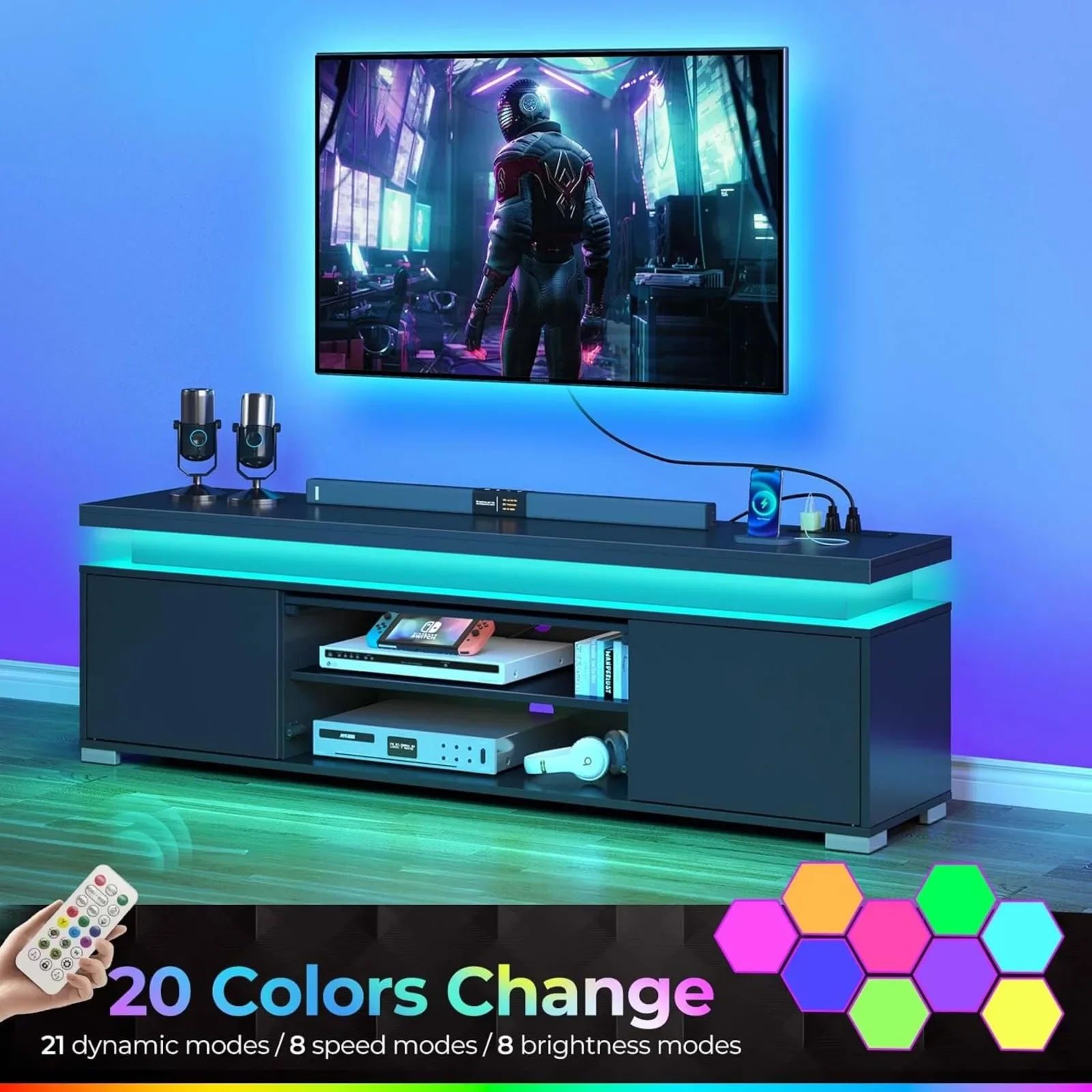 US TV Stand with Power Outlet & LED Lights, Modern Entertainment Center for 32/43/50/55/65 Inchs TVs, TV Table, Universal Gaming