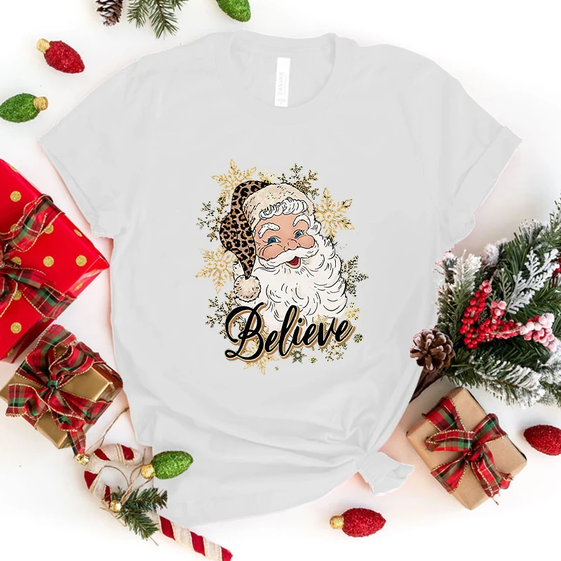 

Christmas Santa Claus Believes Letter Printed Women T-Shirts Christmas Santa Claus Believes Short Sleeve Shirts