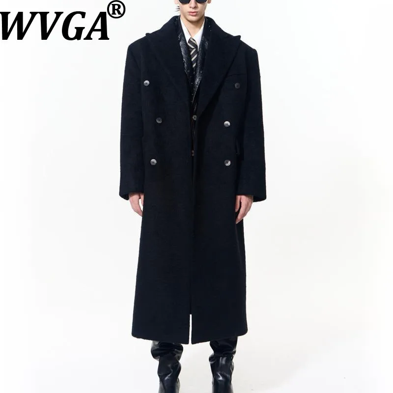 

WVGA Winter New Man Tide Double-Breasted Bottom Brooch Turn-Down Collar Long Wool Coats Niche Chic Casual Jackets Ins Y2K W14840