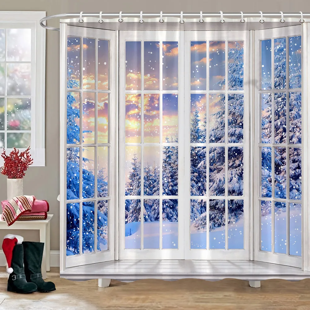 

Winter Outdoor Forest Snow Shower Curtain Simulation Window Landscape Polyester Fabric Water Shower Curtains Bathroom Decoration