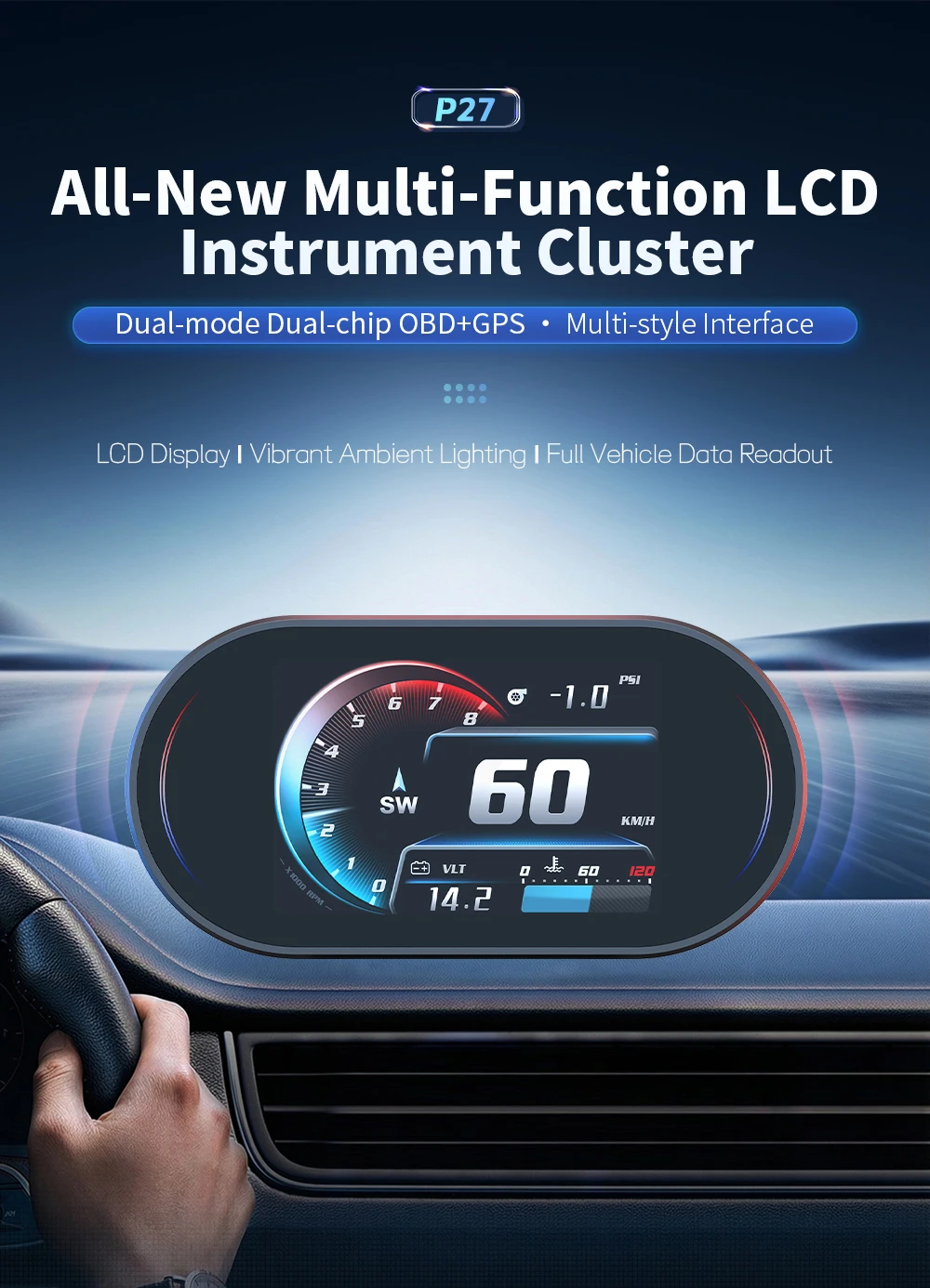 On-Board-Computer Auto OBD HUD P27 Tachometer Strecken-Display Wasser- & Öltemperatur Kraftstoffverbrauch Auto-Elektronik-Zubehör GPS-Geschwindigkeit – Detail 4