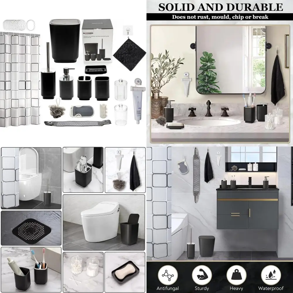 

Complete 29-Piece Black Bathroom Accessory Set with Trash Can and Shower Curtain