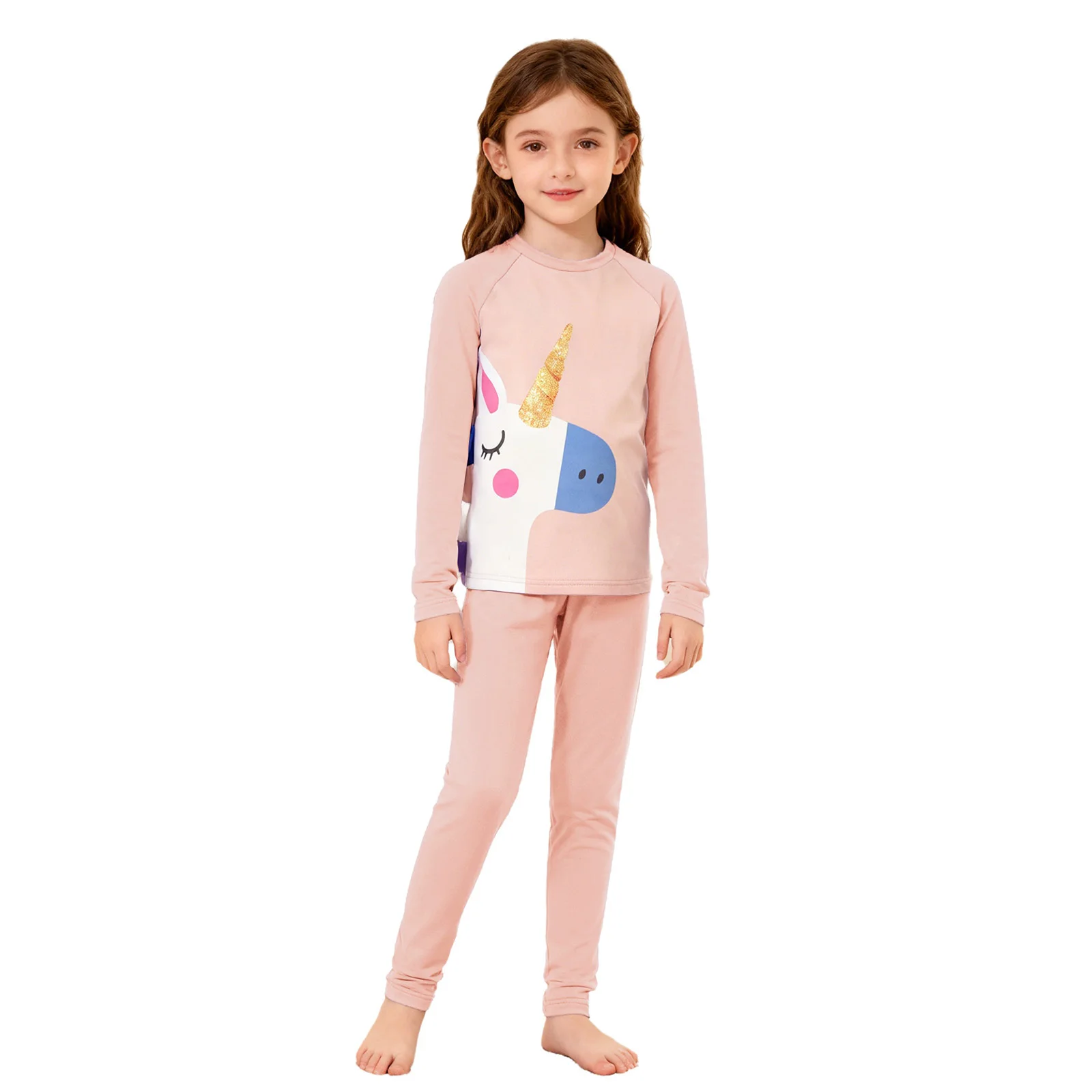 

2Pcs Kids Girls Thermal Underwear Set Homewear Loungewear Sleepwear Long Sleeve Cute Cartoon Printed Contrast Color Top+Leggings