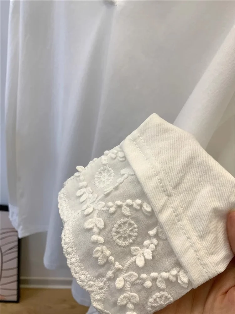 Grote Maat 300Pou Kant Splice Capuchon Faion Losse Lange Sve T irt Vrouwen Lente Koreaanse Sle Hoed irt Base irt