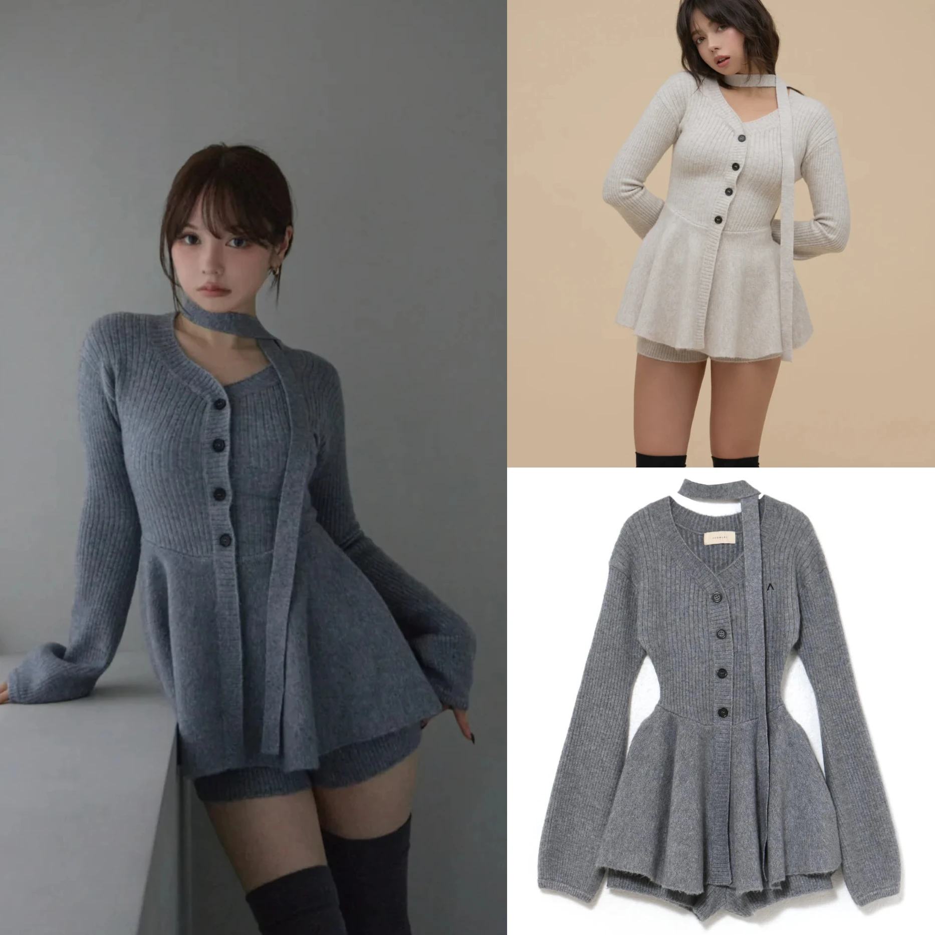 Japanese New Autumn Winter Fashion Lady Elegant V-neck Single-breasted Long Sleeve Sweater Dress Casual Knitted Straight Shorts