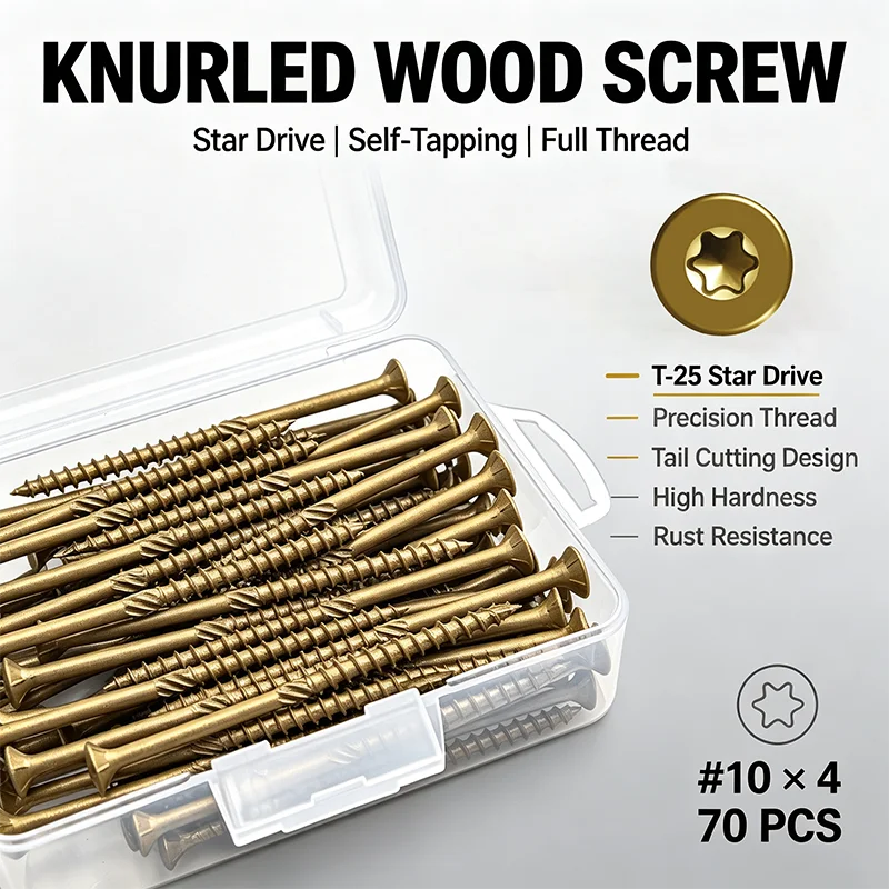#10 x 4 Inch Knurled Wood Screws T25 Torx Flat Head Self Tapping Screws 70Pcs with T25 Bit for Deck Fence Wood Construction