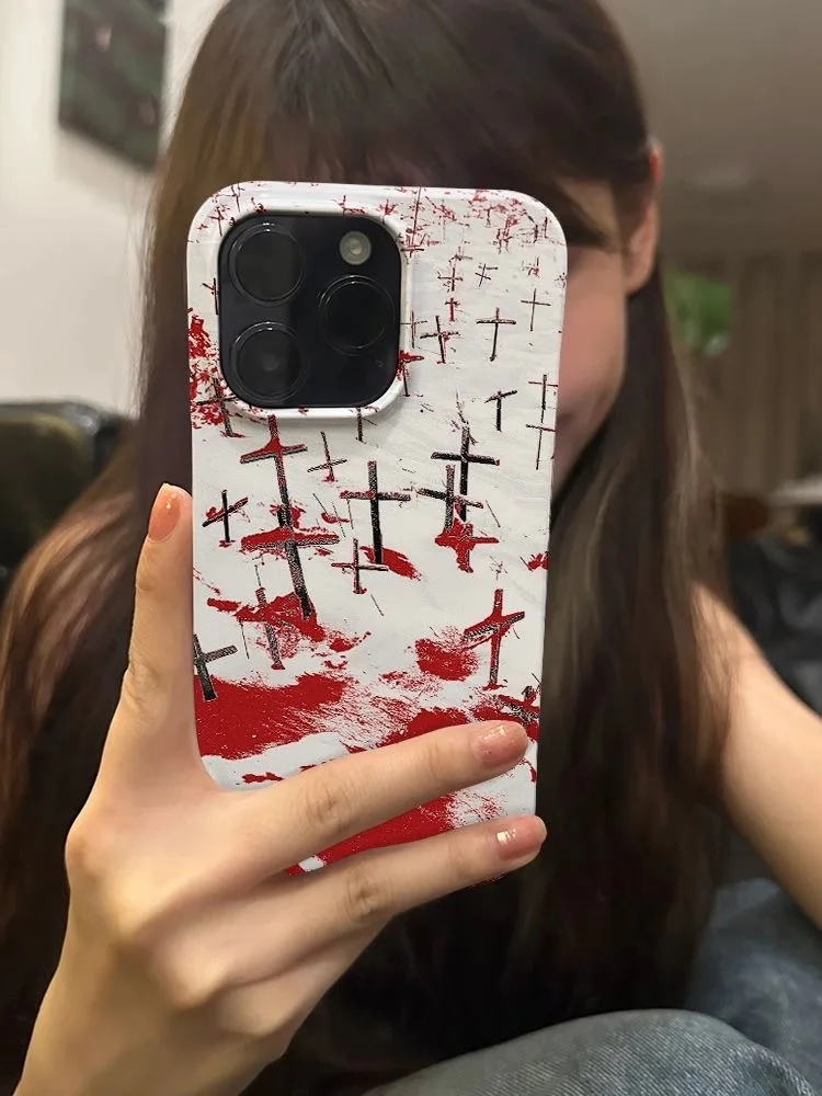 luxury Blood Sacrifice Cross Phone Case for iPhone 16 15 14 13 12 11 Pro Max XS XR XSMax 6 7 8 Plus Glossy HD Hard PC Cover