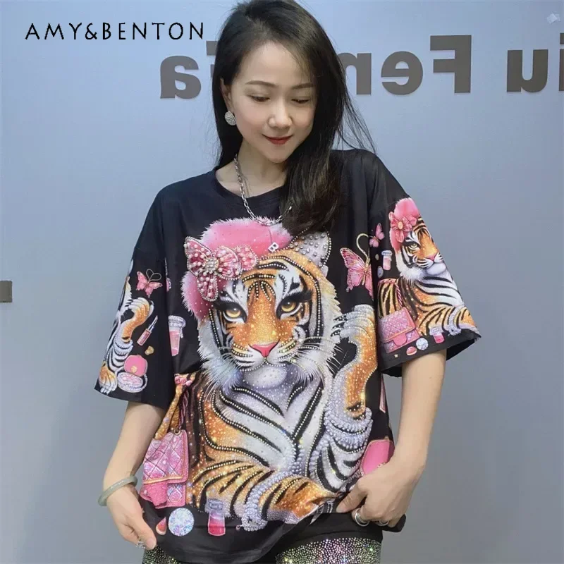 

Women's Crew Neck Short-Sleeved T-Shirts New Summer 3D Printing Casual Fashion Beaded Half Sleeves Tees Oversized Top Pullovers