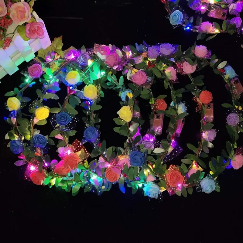 12pcs LED Flower Crown Wreath Headband Luminous Headpiece  for Girls Women Birthday Decoration Glow Party Wedding Festival