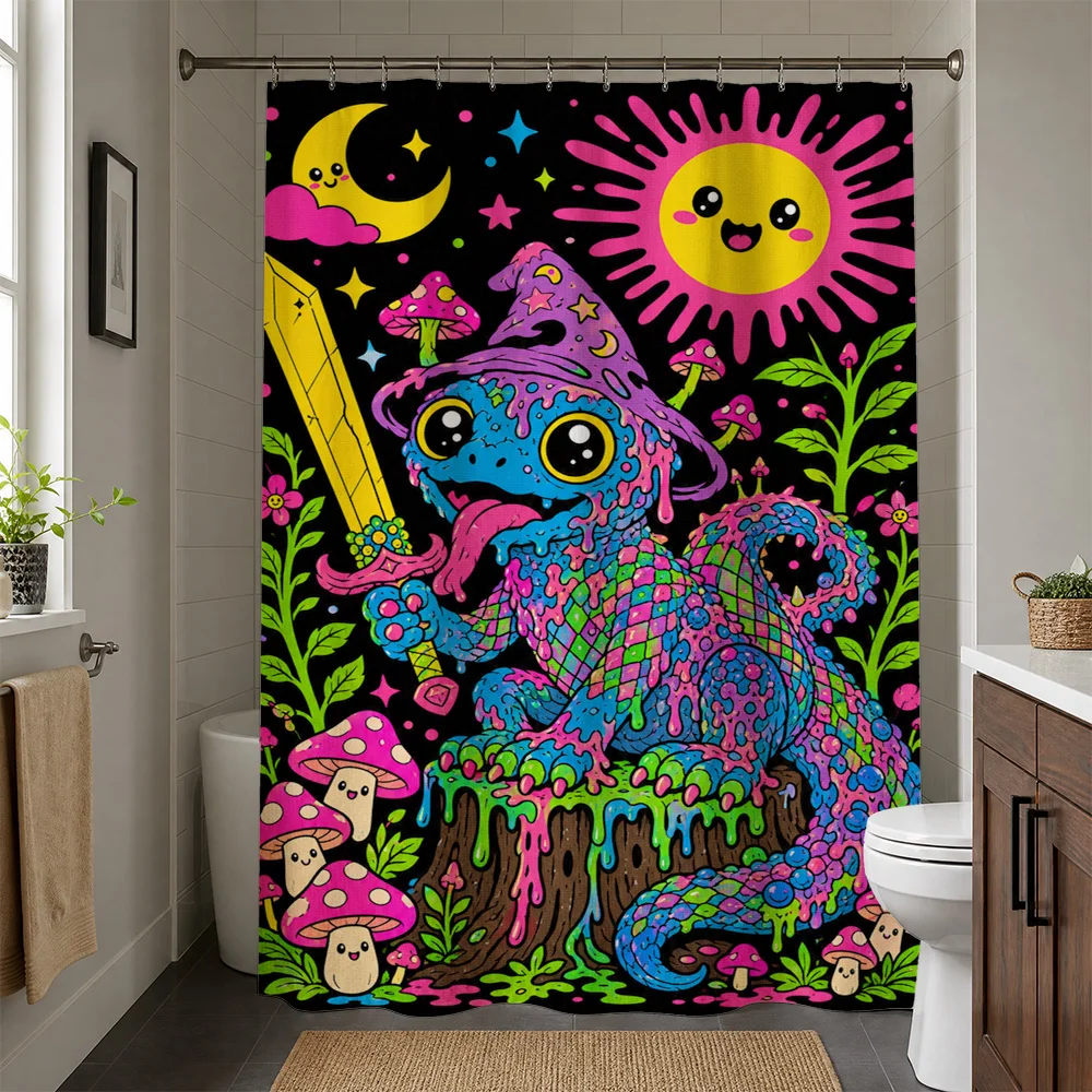 Psychedelic Pop Art Shower Curtain Mushroom Lizard Dragon Fantasy Tropical Cute Bathroom Decor Waterproof Statement Liner