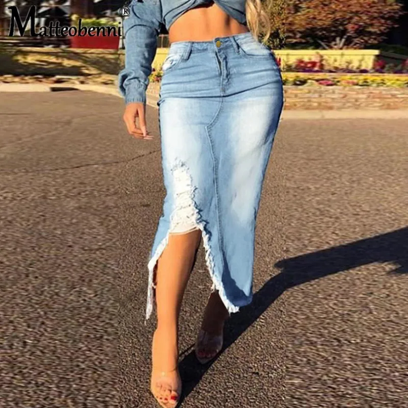 2021 Summer New Ladies Denim Skirt Trendy Irregular Ripped Jeans Skirt Sexy Slim Pack Hips Mini Skirt Casual Streetwear